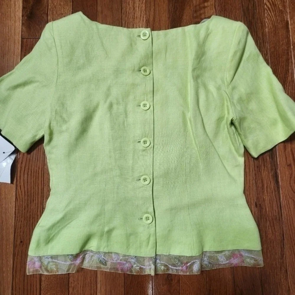 Vintage Althuser Green Linen Blazer Short‎ Sleeve Button Back Floral Trim USA 6